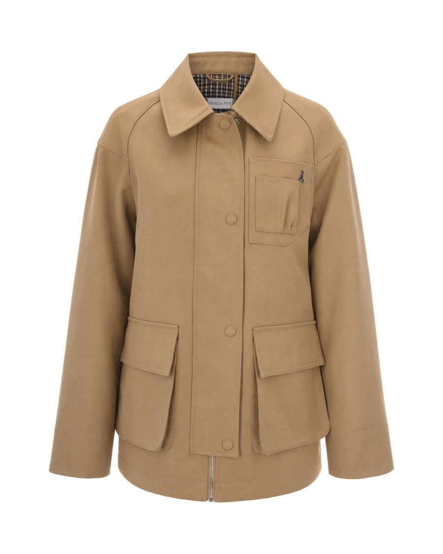 Patrizia Pepe Camel Oversized Metal Charm Gabardine Jacket