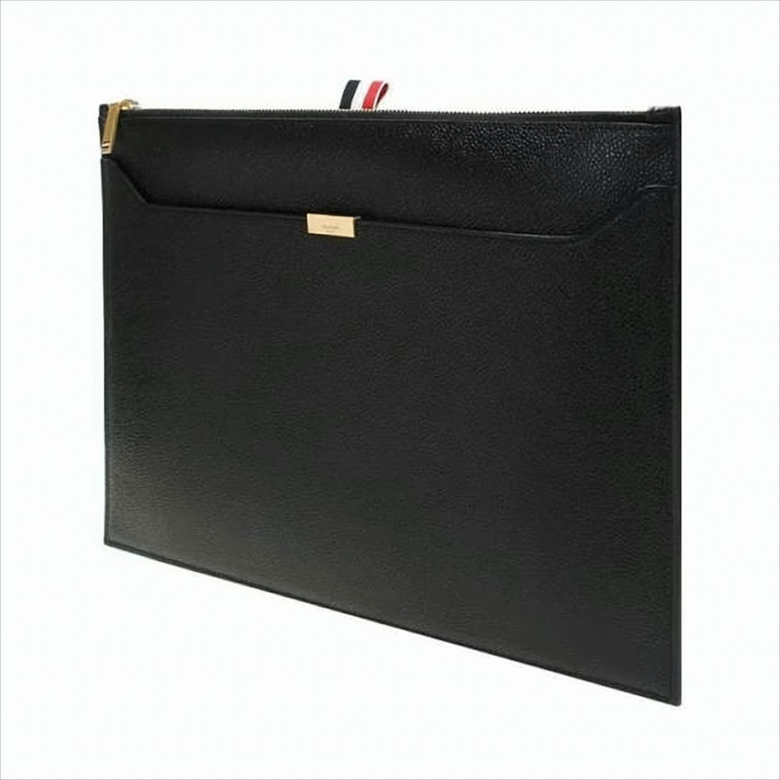 Thom Browne Textured Leather Clutch With Gold-Zipper Closure And Tricolor Accents