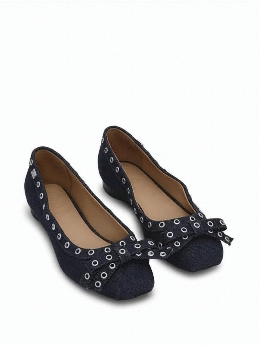 Ganni Pointed Toe Flat Shoes With Decorative Bow And Metal Eyelets