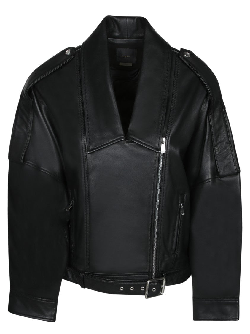 Pinko Nappa Leather Biker Jacket With Zip Closure