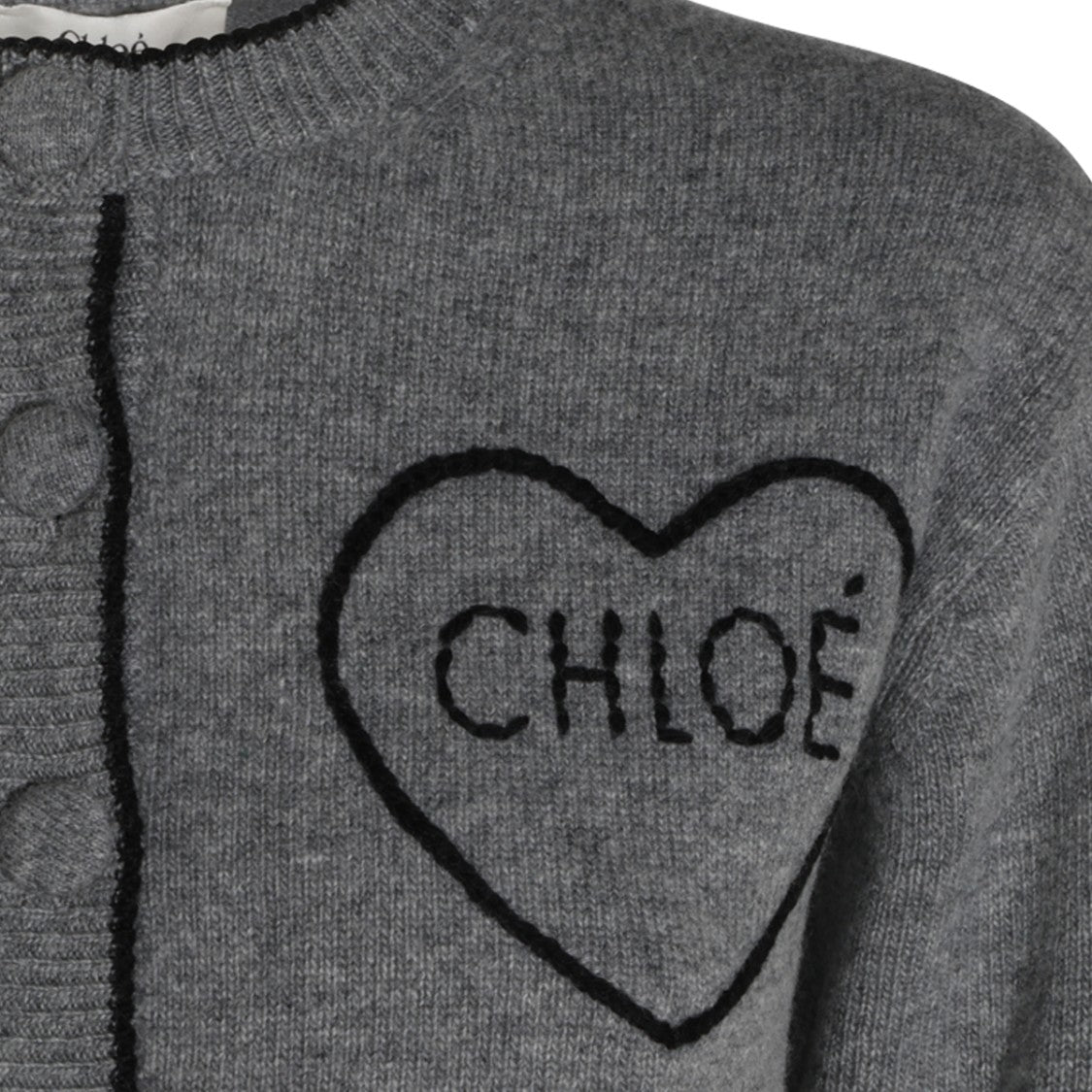 Chloé Round Neck Grey Wool Knit Sweater With Heart Logo Detail