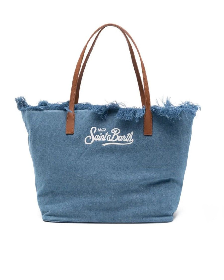 Mc2 Saint Barth Canvas Tote Bag With Fringed Top Edge And Embroidered Logo