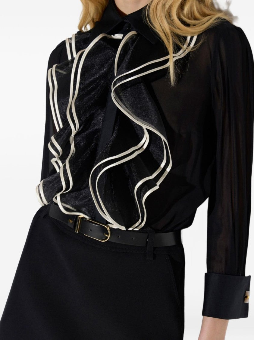 Elisabetta Franchi Sheer Black Ruffled Silk Shirt