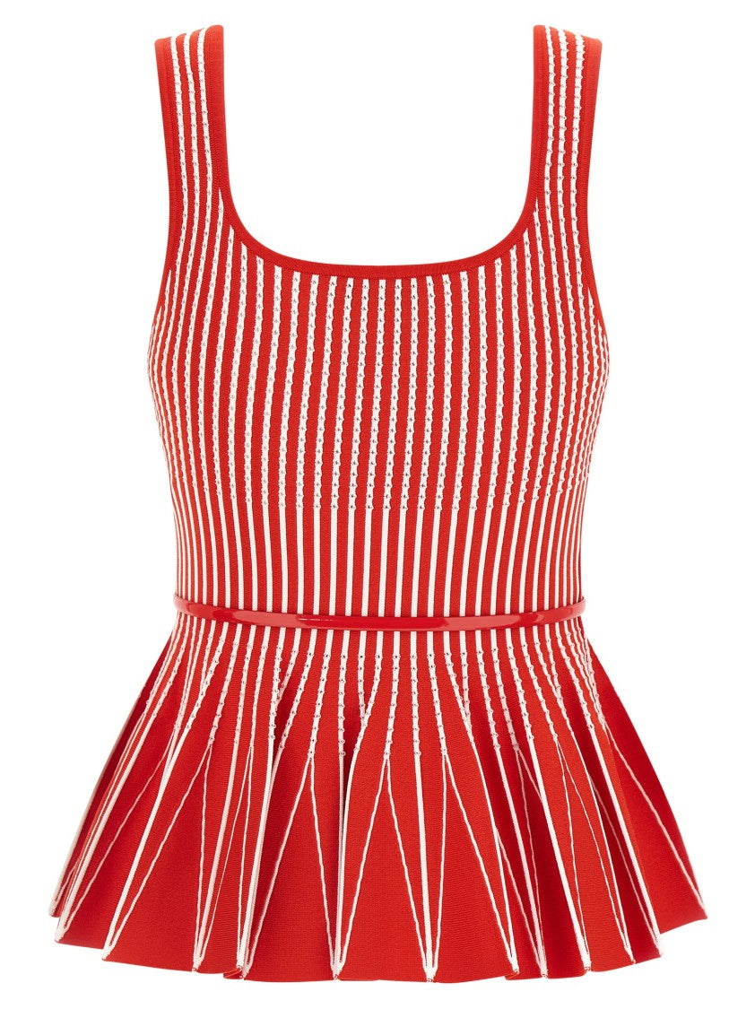 Elisabetta Franchi Striped Tricot Viscose Blend Top With Pleated Hem And Belt