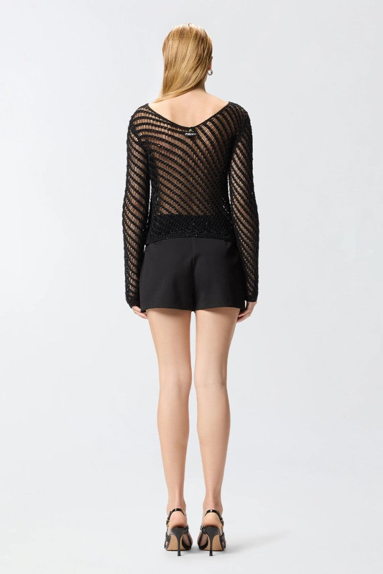 Pinko Black Polyester-Viscose Open-Knit Crochet Sweater