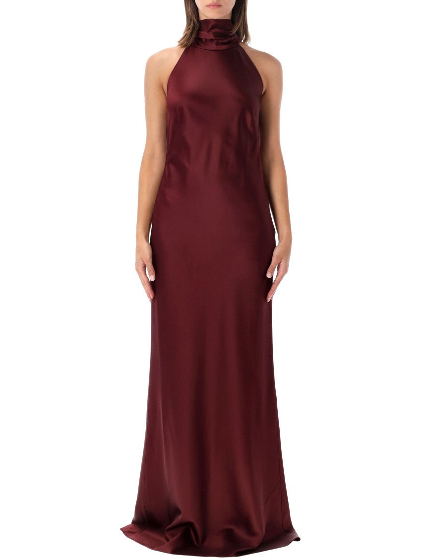 Polo Ralph Lauren Chilton Burgundy Satin Halter Evening Dress