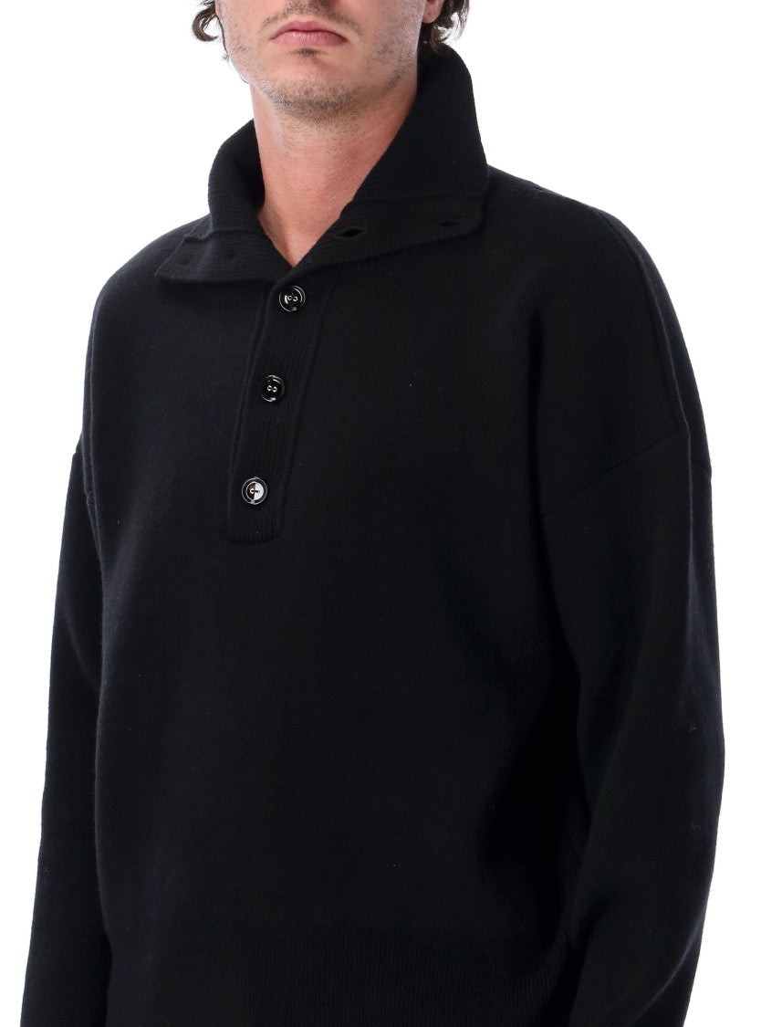 Ami Paris Interlock Knit Sweater With High Buttoned Neck And Discreet Patch