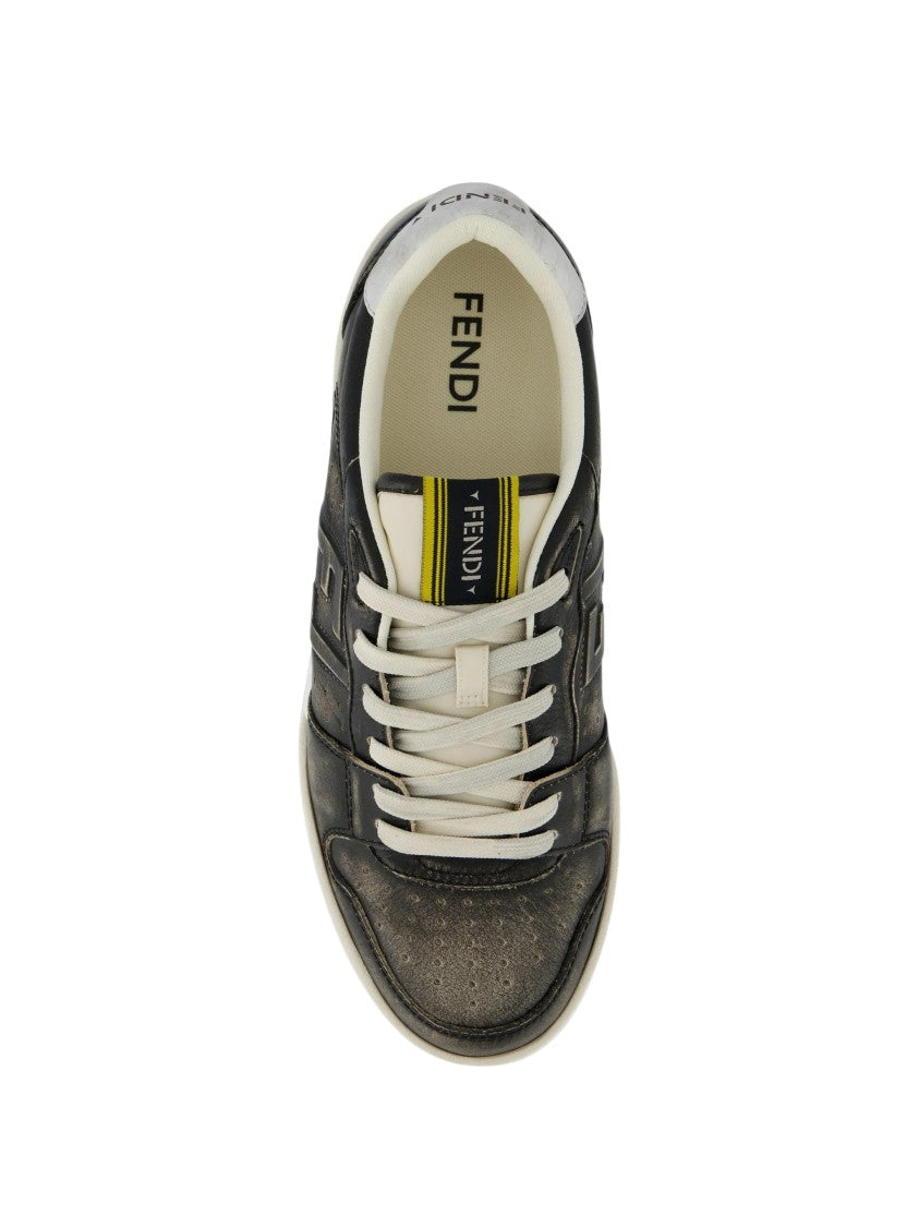 Fendi Distressed Black Leather Low-Top Sneakers With Ff Logo
