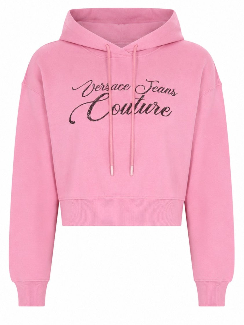 Versace Jeans Couture Cropped Cursive Logo Hooded Cotton Sweatshirt