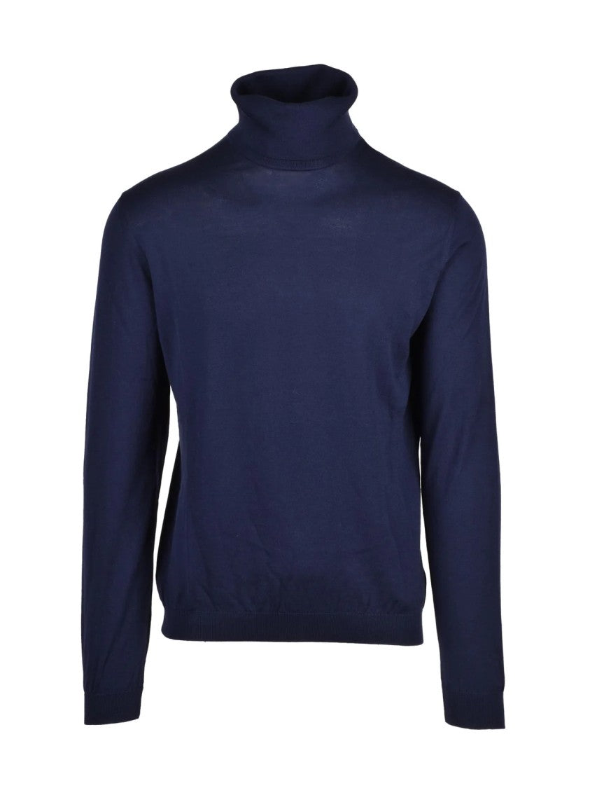 Alpha Studio Navy Blue Cotton Silk Sweater With High Turtleneck And Ribbed Details