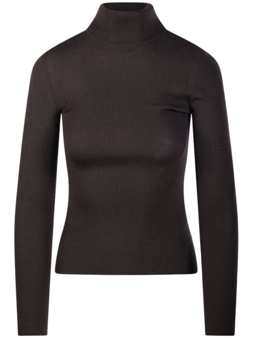 Max Mara Grey High-Neck Fitted Ribbed Knit Top