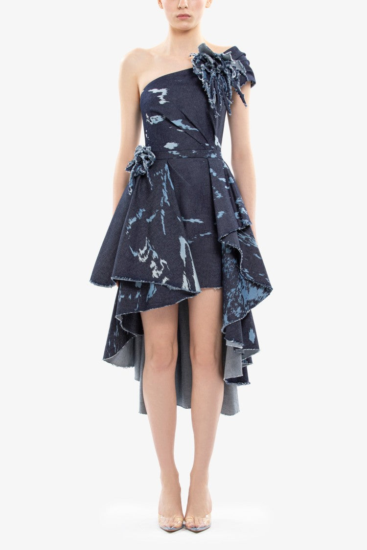 Saiid Kobeisy One-Shoulder Printed Denim Short Dress