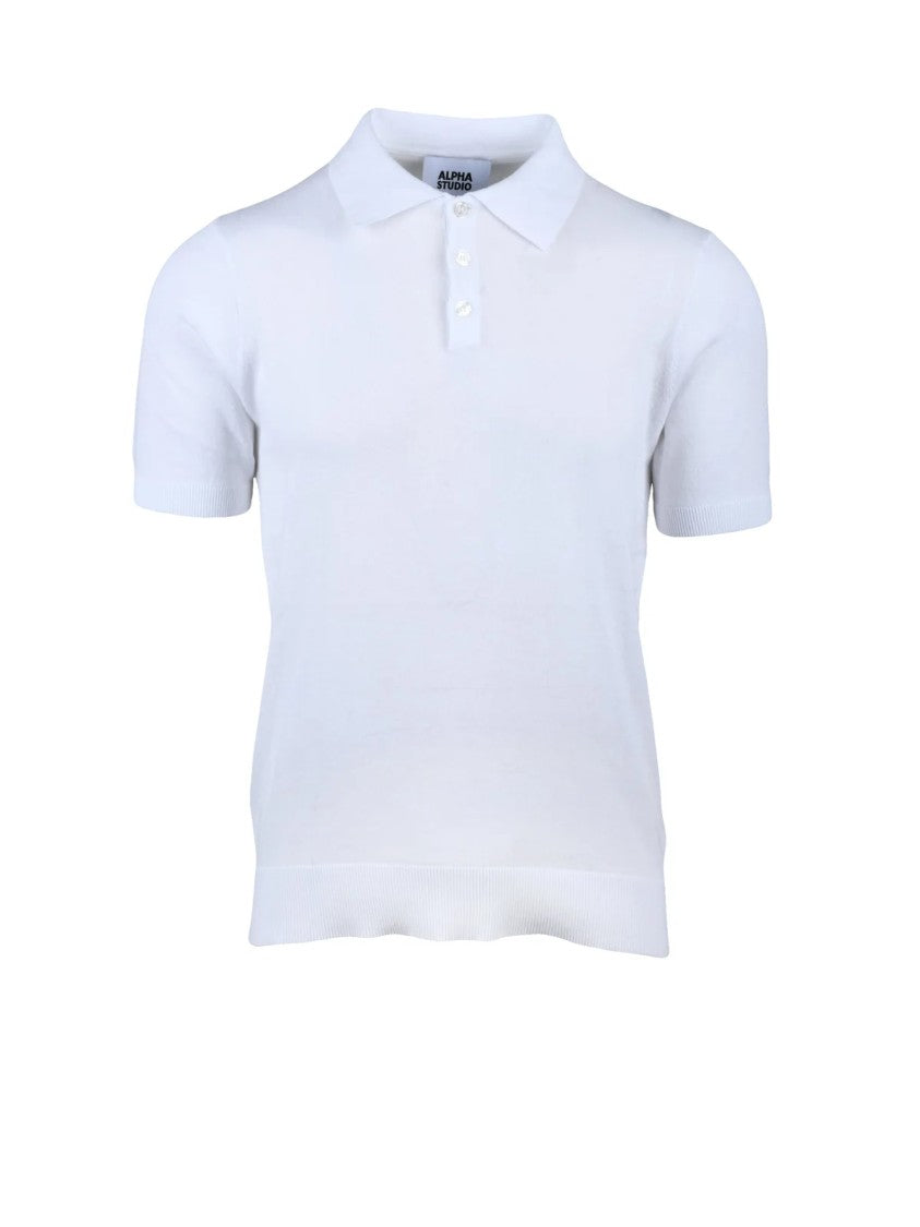Alpha Studio White Cotton Knit Polo Shirt