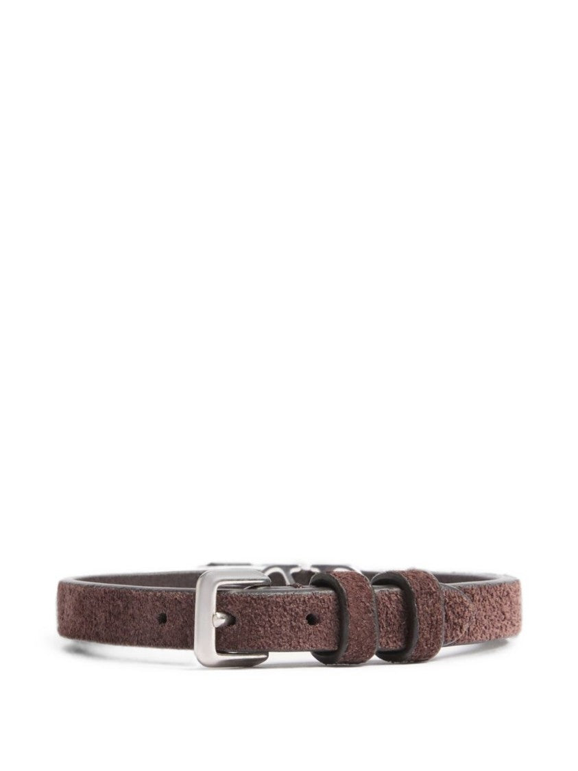 Valentino Garavani Brown Textured Suede Silver Emblem Bracelet