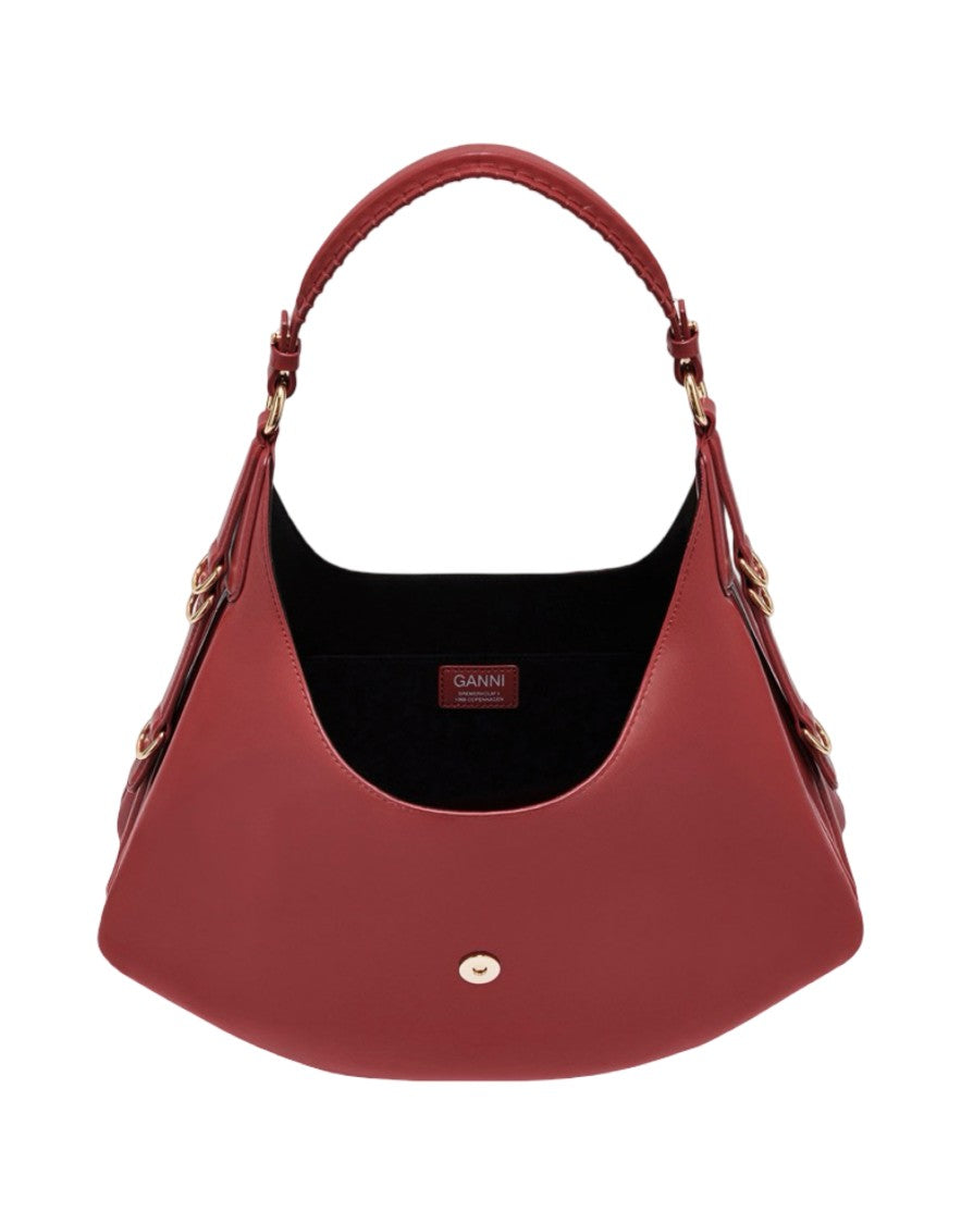 Ganni Crescent-Shaped Burgundy Handbag With Gold-Tone Hardware