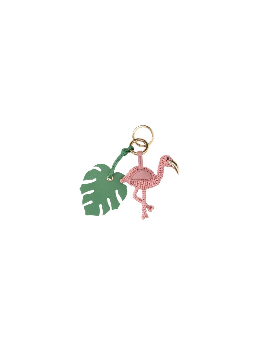 Chloé Pink Symbols Flamingo Raffia Keychain