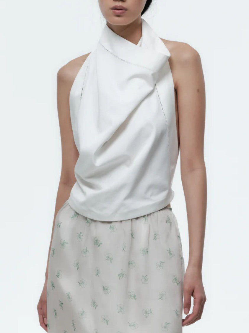 Carven White Draped Neckline Silk Tank Top