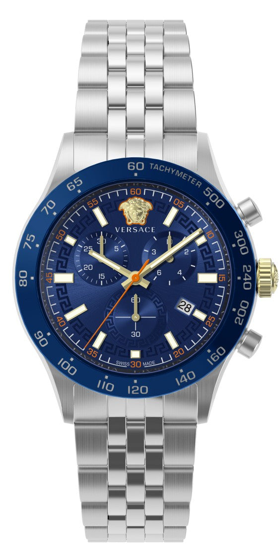 Versace Hellenyium Chronograph Steel Watch With Polished Silver Bracelet