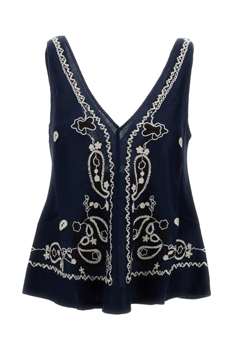 Parosh Intricately Embroidered Blue Linen Top With V-Neckline