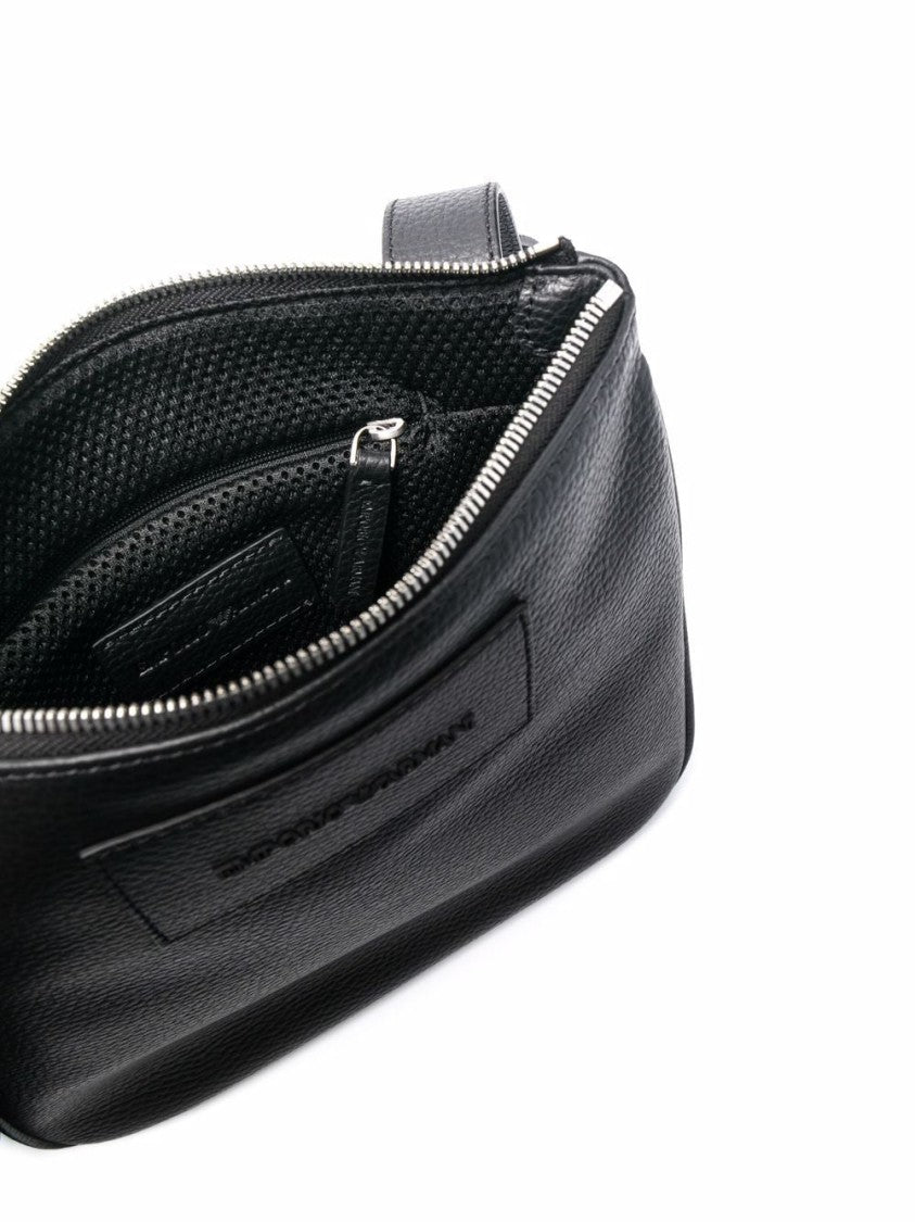 Emporio Armani Textured Black Cow Leather Messenger Bag