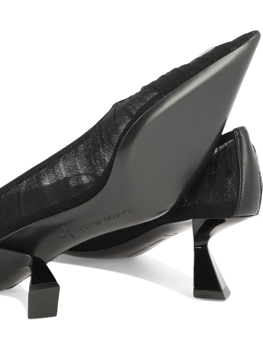 Nensi Dojaka Black Tulle Pumps With Angular Heel And Leather Accents