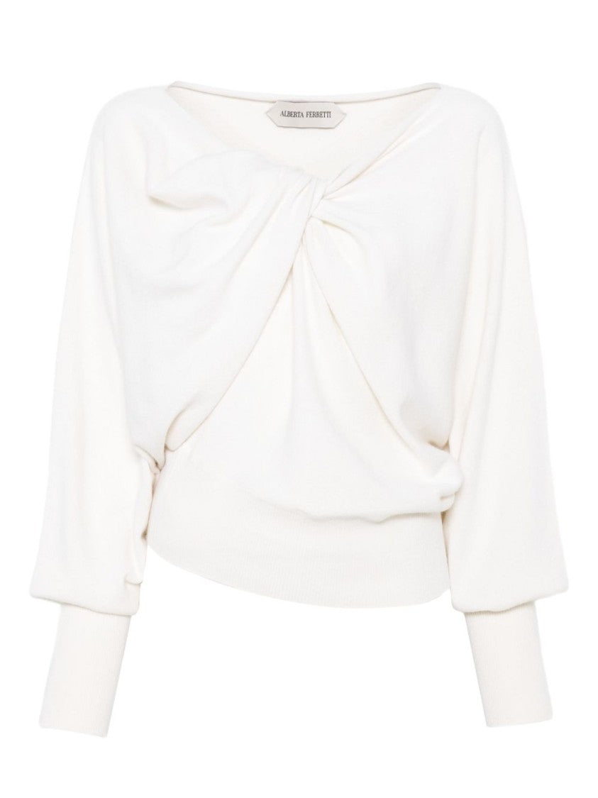 Alberta Ferretti Ivory Front Knot Sweater In Virgin Wool, Silk
