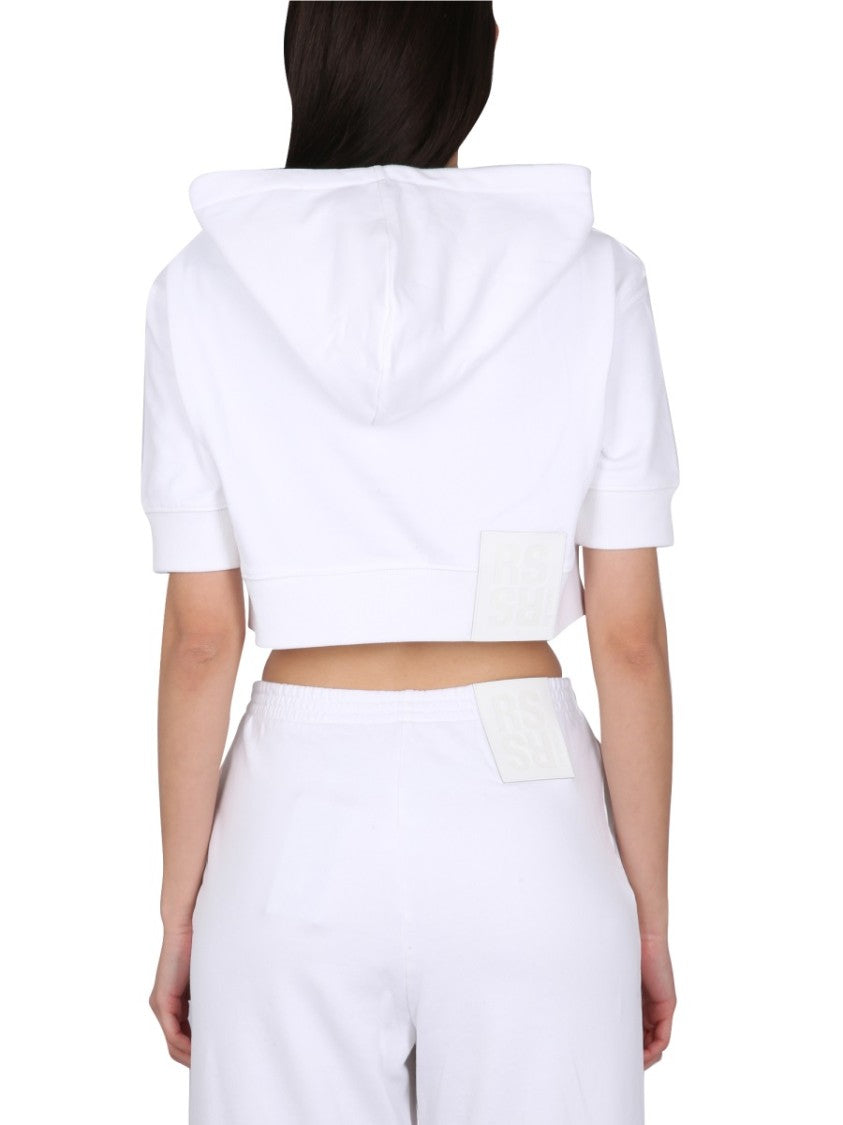 Raf Simons Cropped White Sweatshirt With Drawstring Hood