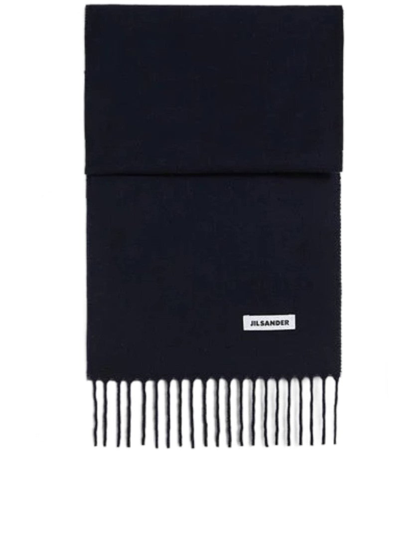Jil Sander Solid Black Fringed Ends Scarf