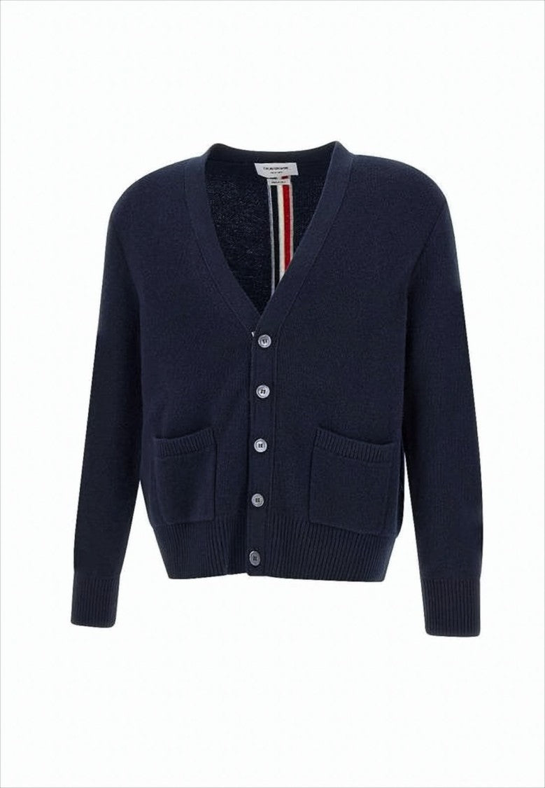 Thom Browne Classic V-Neck Wool Cardigan With Striped Back Detail