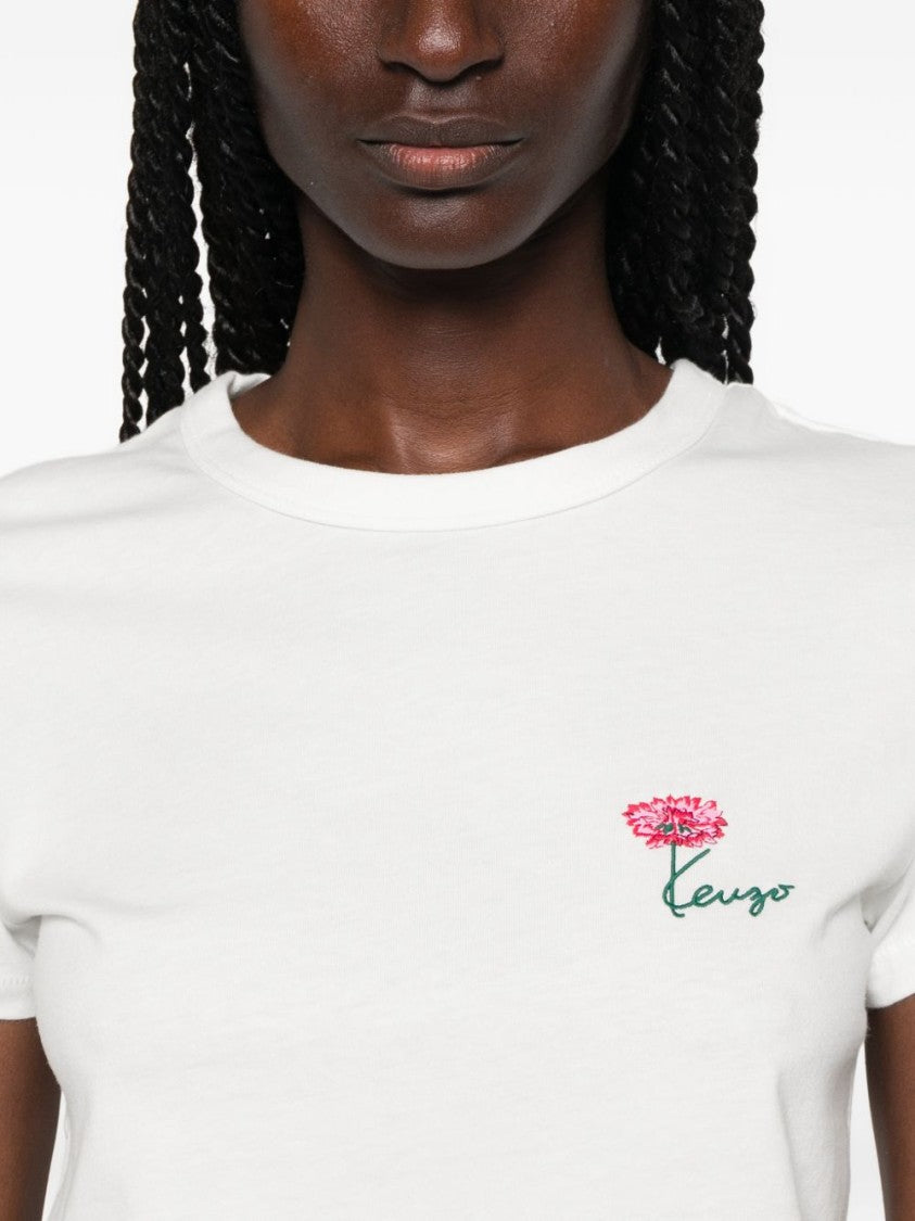 Kenzo White Flower Embroidery Logo Crew Neck Top