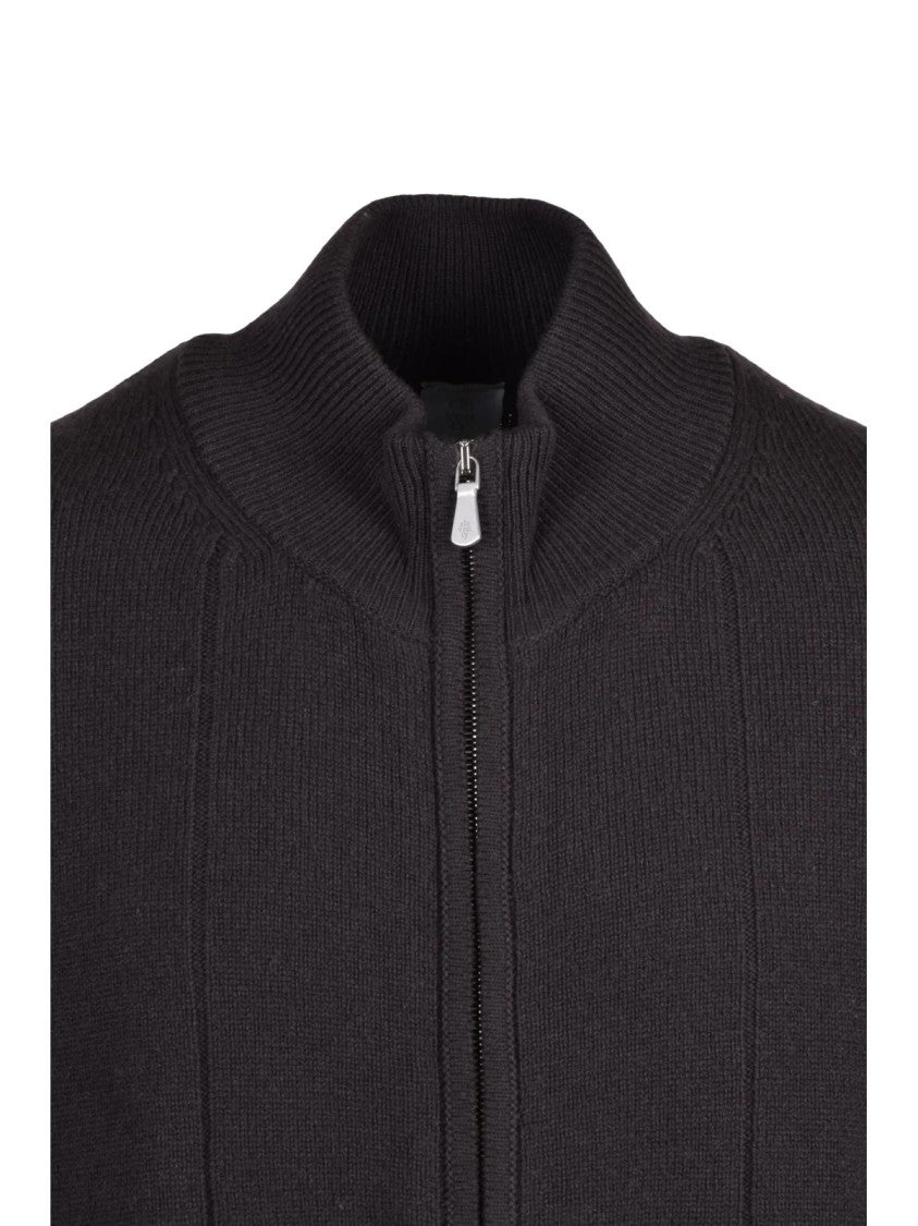 Eleventy Brown Ribbed High Collar Wool Zip Cardigan