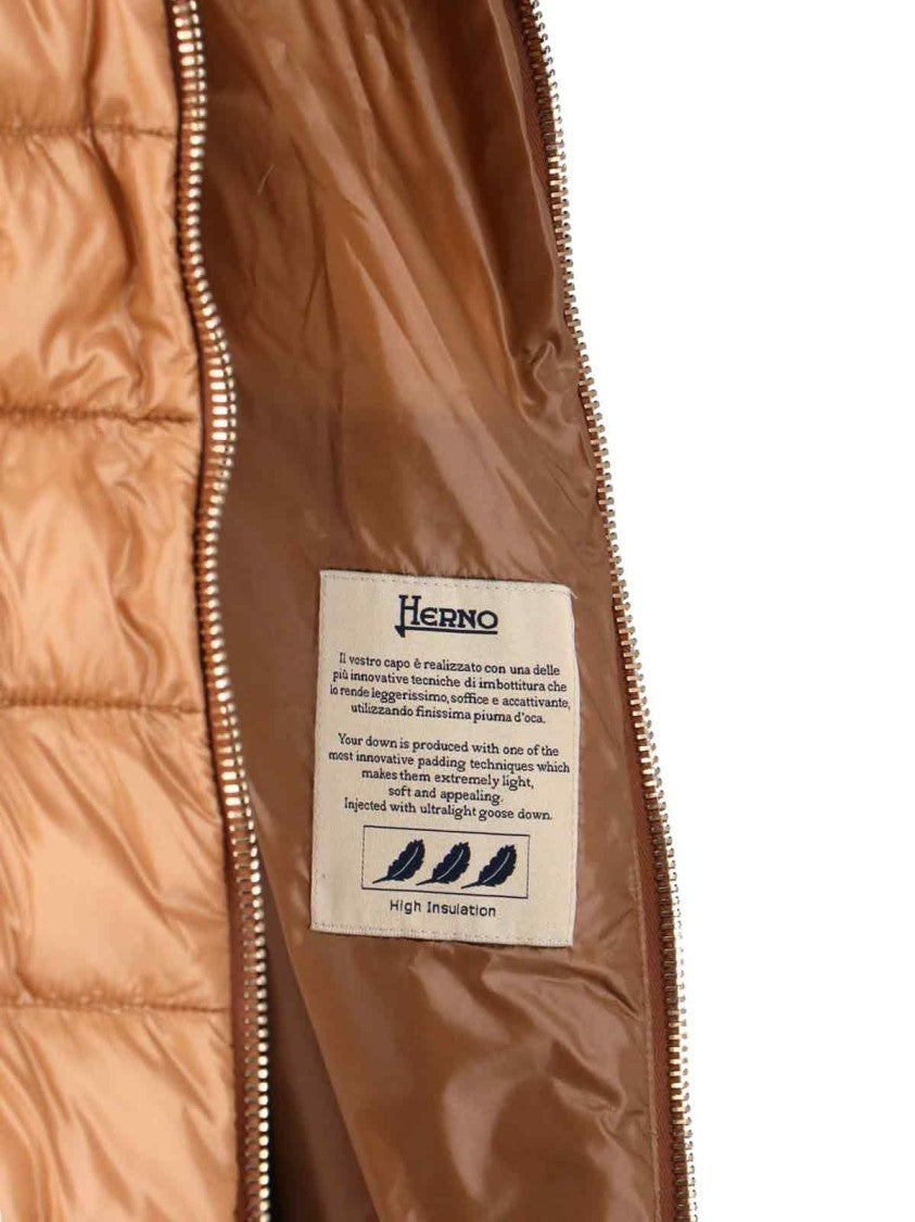 Herno Long Quilted Brown Piumino With Removable Knit Collar
