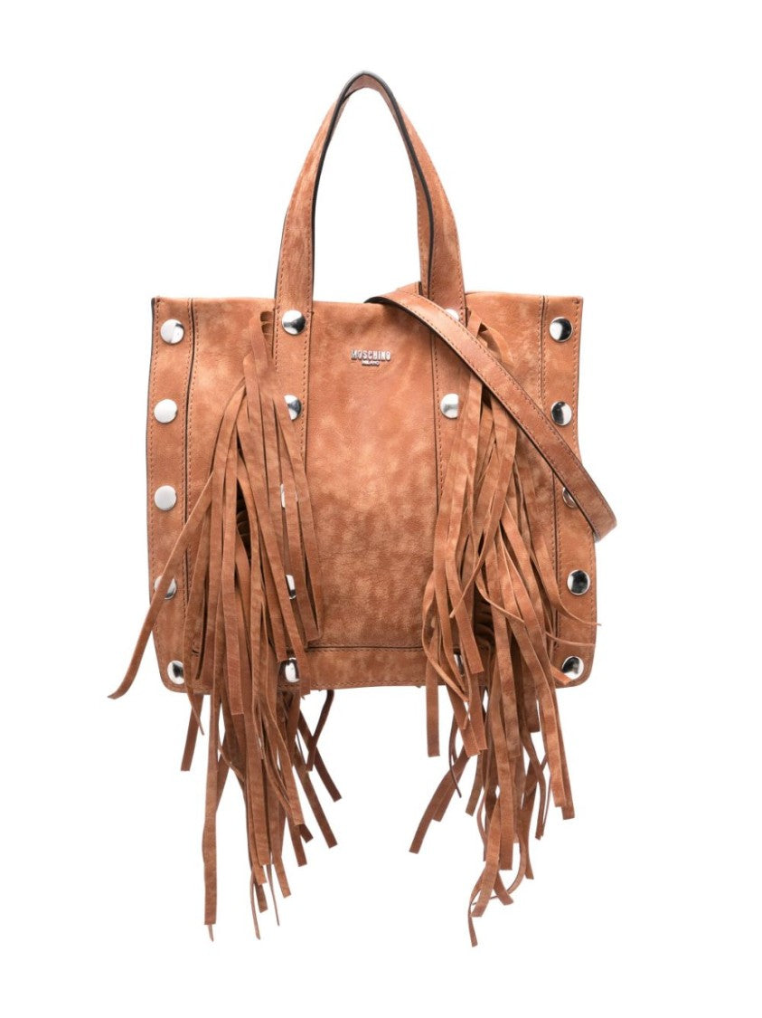 Moschino Fringe-Embellished Rectangular Brown Suede Bag