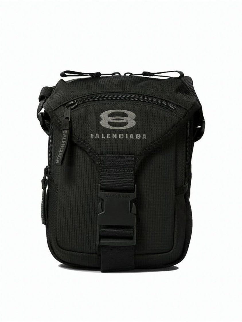 Balenciaga Textured Black Recycled Polyamide Shoulder Bag With Adjustable Strap And Multiple Compartments