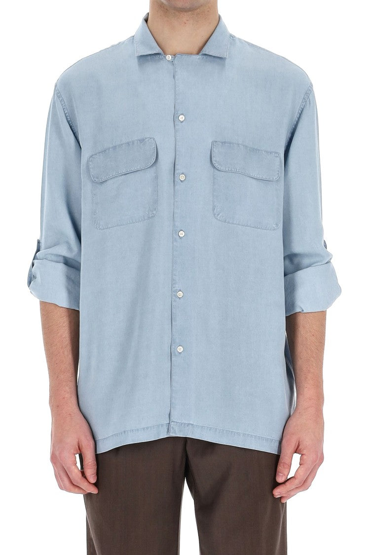 Officine Generale Leto Model Lyocell Bowling Collar Shirt
