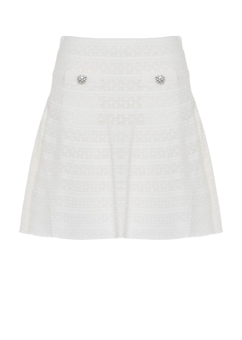 Self-Portrait Pointelle Knit Mini Skirt With Flared Silhouette And Decorative Pockets