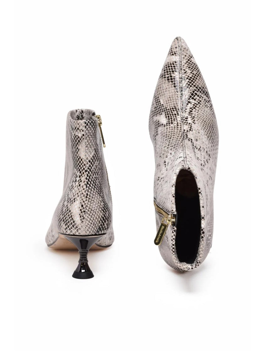 Studio Amelia White/Black Glossy Snakeskin Pattern Leather Ankle Boots