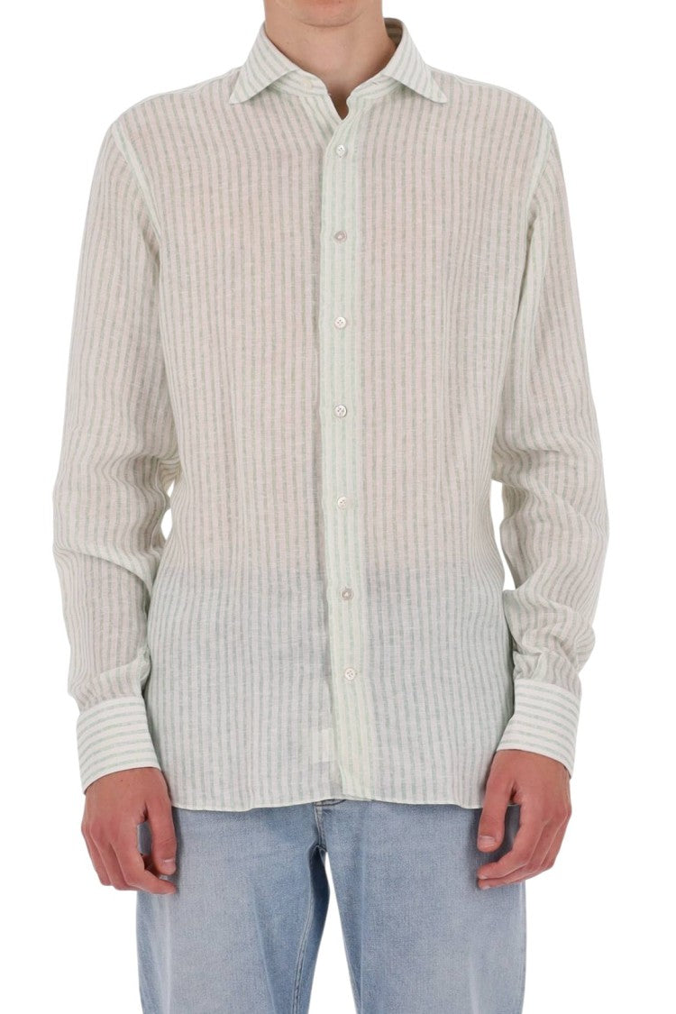 Borriello White Green Striped Linen Shirt