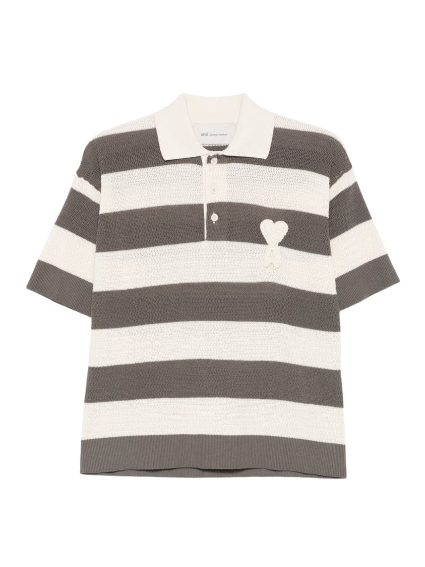 Ami Paris Cream Striped Cotton Polo Shirt