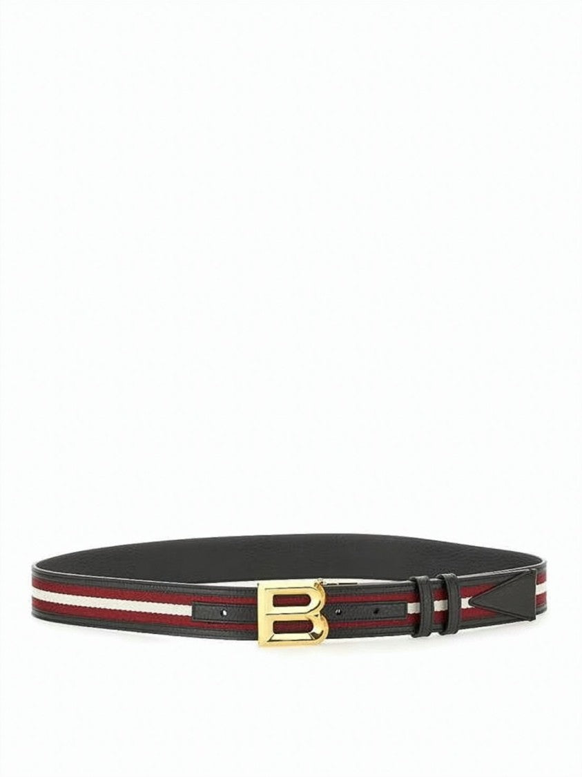 Bally Tricolor Stripe Leather Belt With Gold-Tone Letter 'B' Buckle