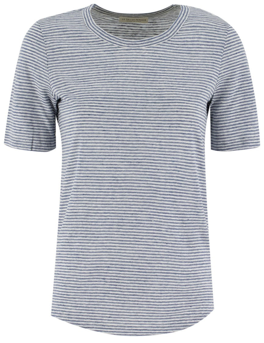 Le Tricot Perugia Striped Linen T-Shirt With Rounded Neckline