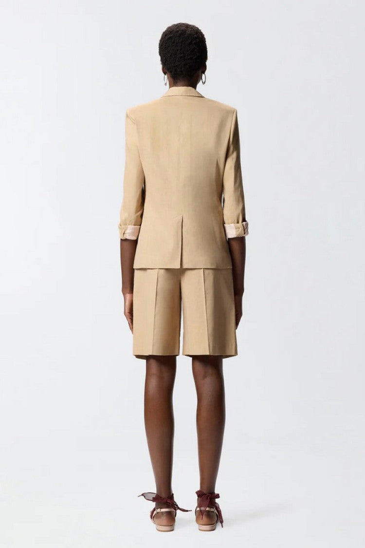 Pinko Beige Freda Single-Breasted Gold Button Linen-Blend Blazer