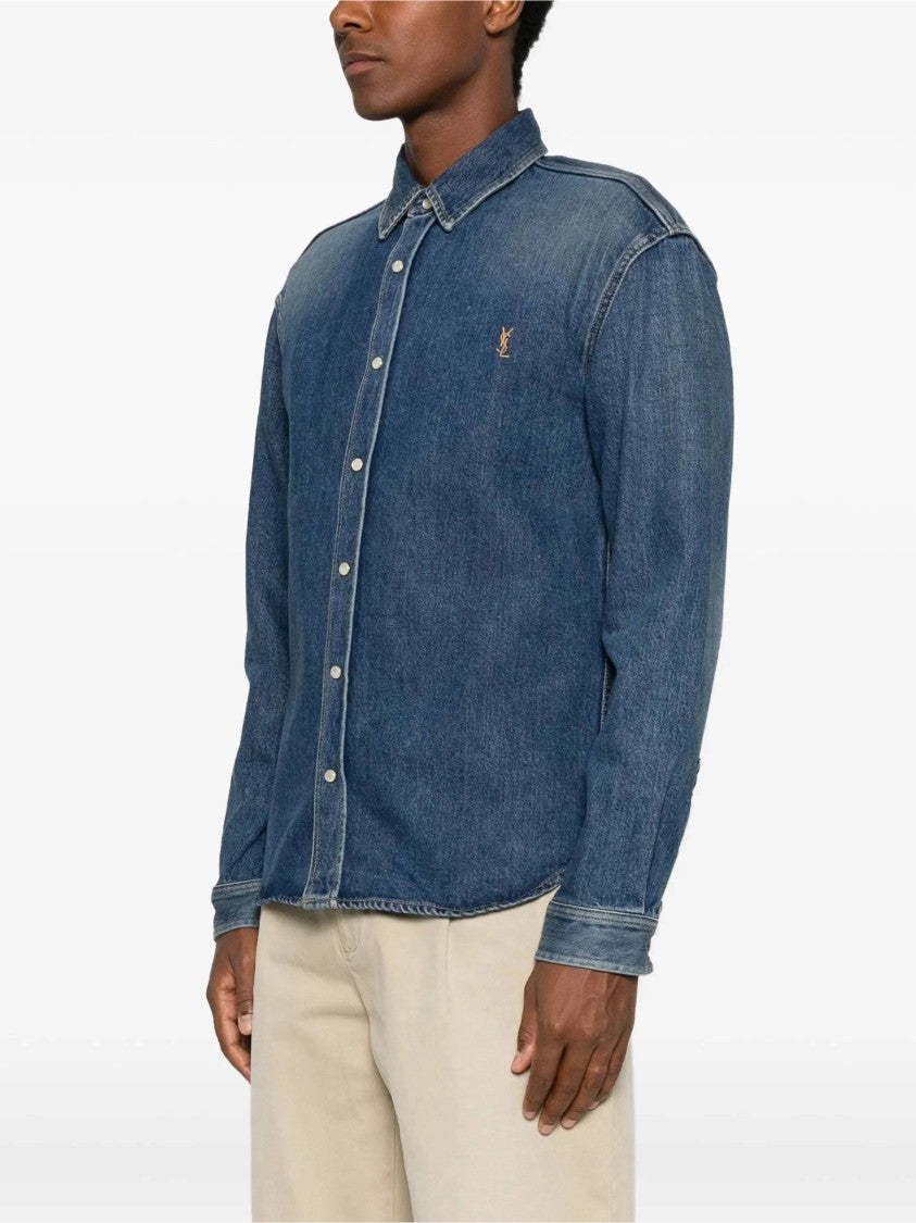 Saint Laurent Medium Blue Colorado Cassandre Pearl Button Denim Shirt