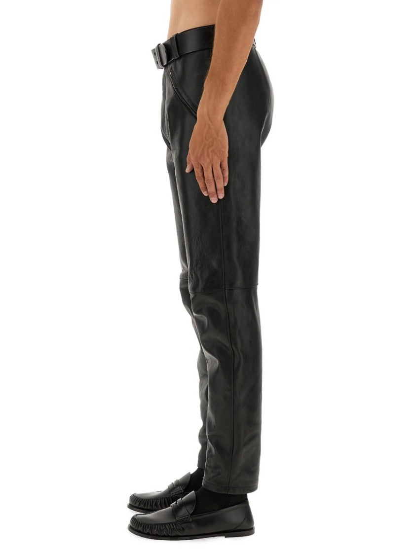 Saint Laurent Smooth Black Leather Pants With Tapered Silhouette