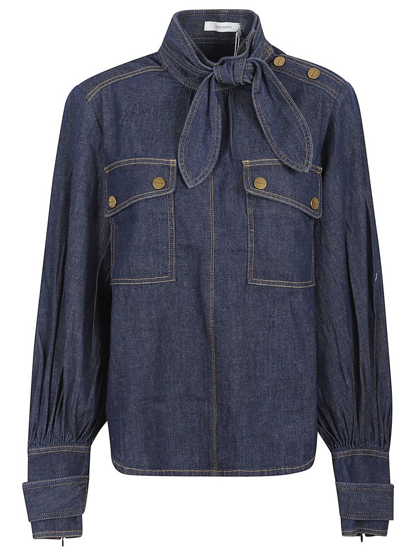 Zimmermann Dark Denim Shirt With Bow Neckline