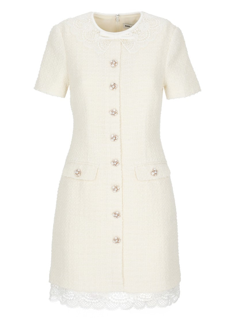 Self-Portrait Ivory Boucle Lace Mini Dress With Jewel Button Accents