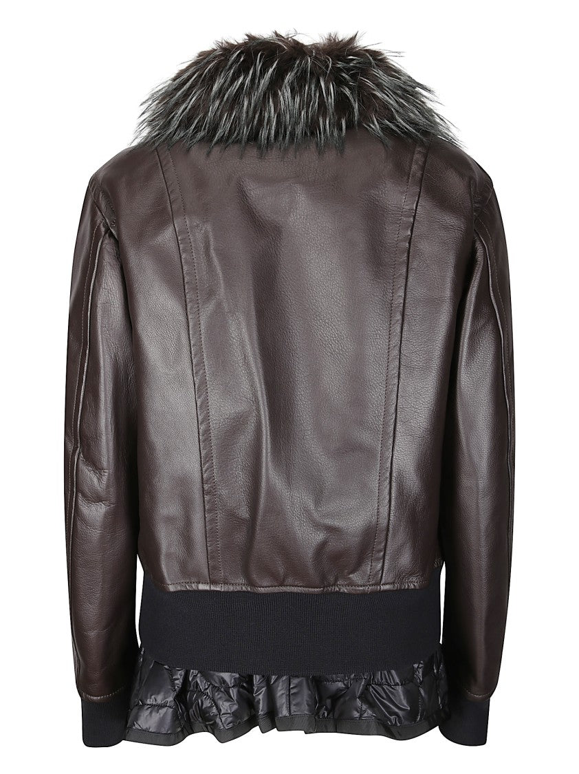Sacai Leather Blouson With Plush Fur Collar