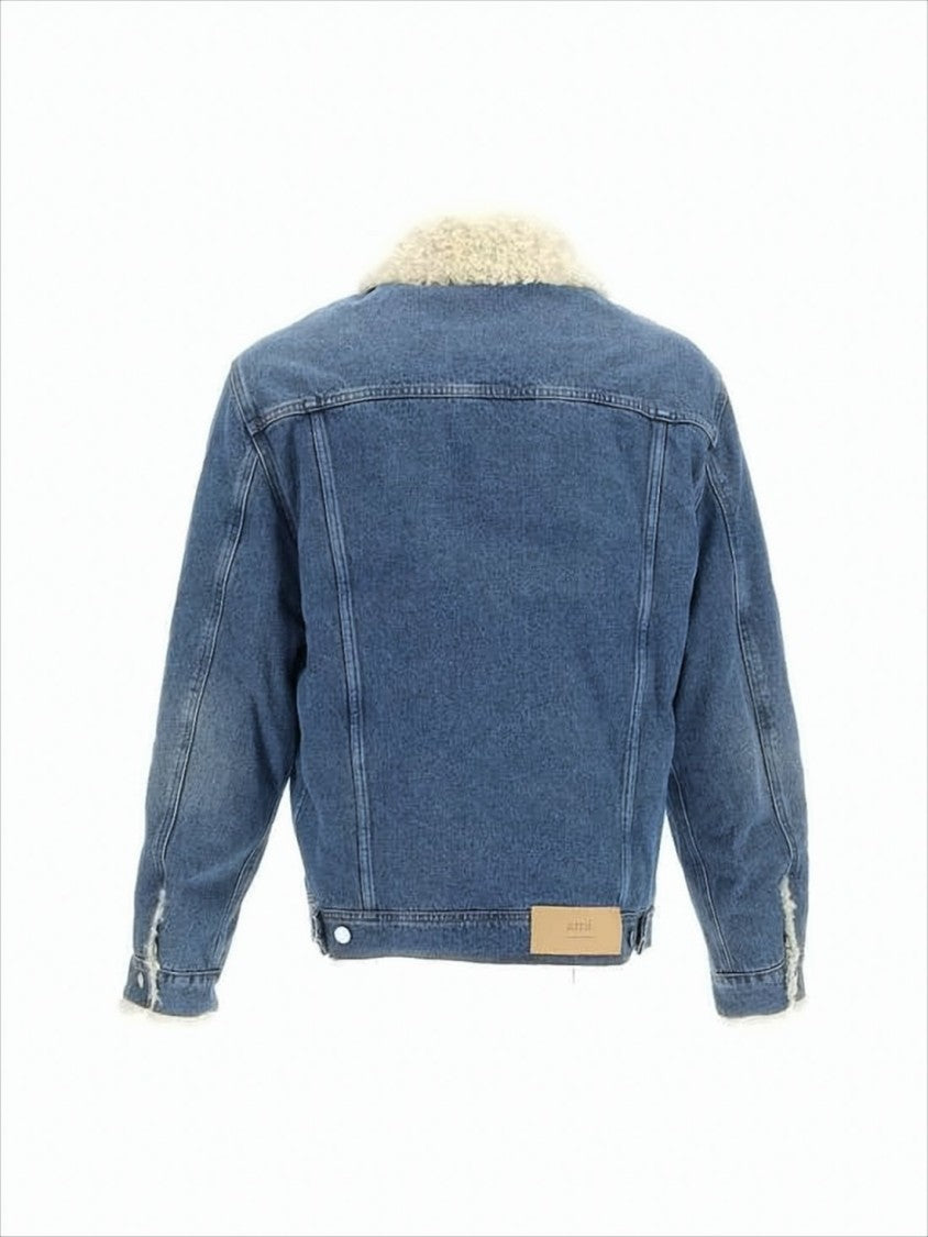 Ami Paris Medium Blue Wash Denim Jacket With Shearling Trim