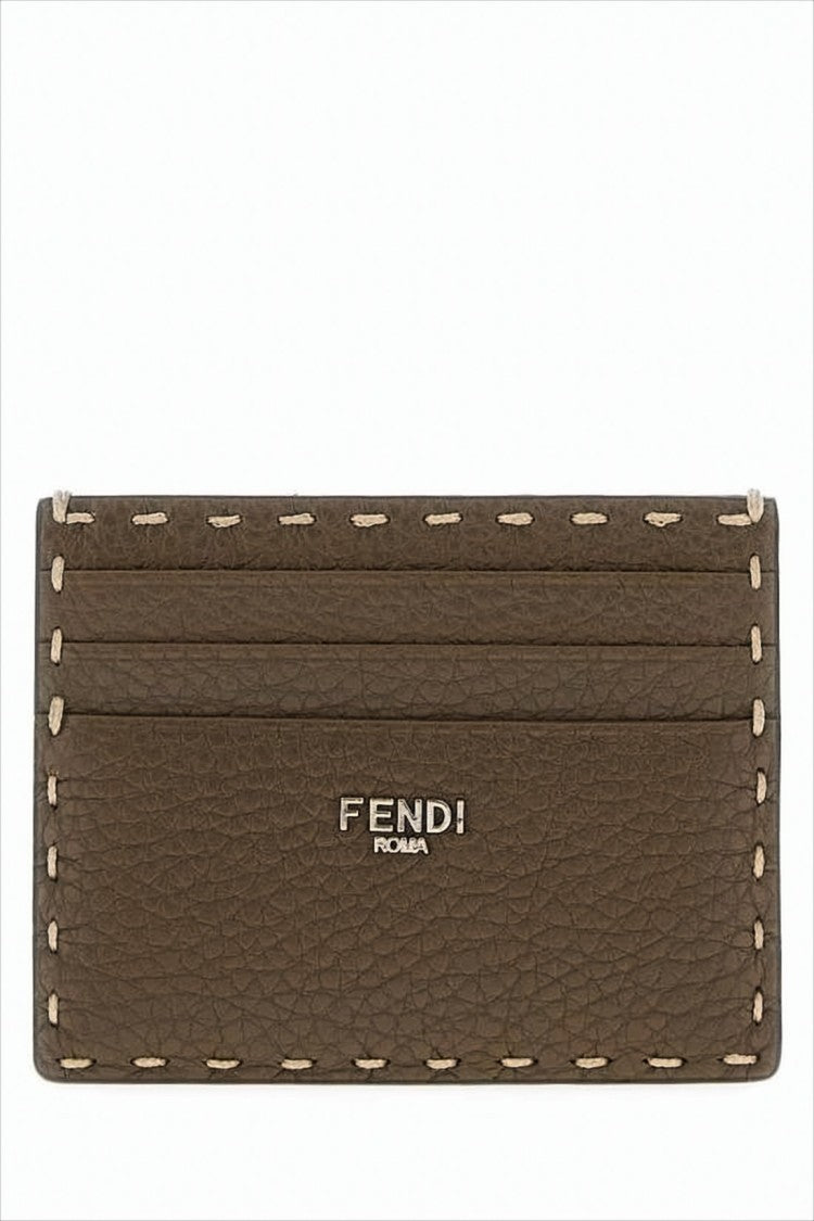 Fendi Textured Calf Leather Card Wallet With Contrasting Stitching