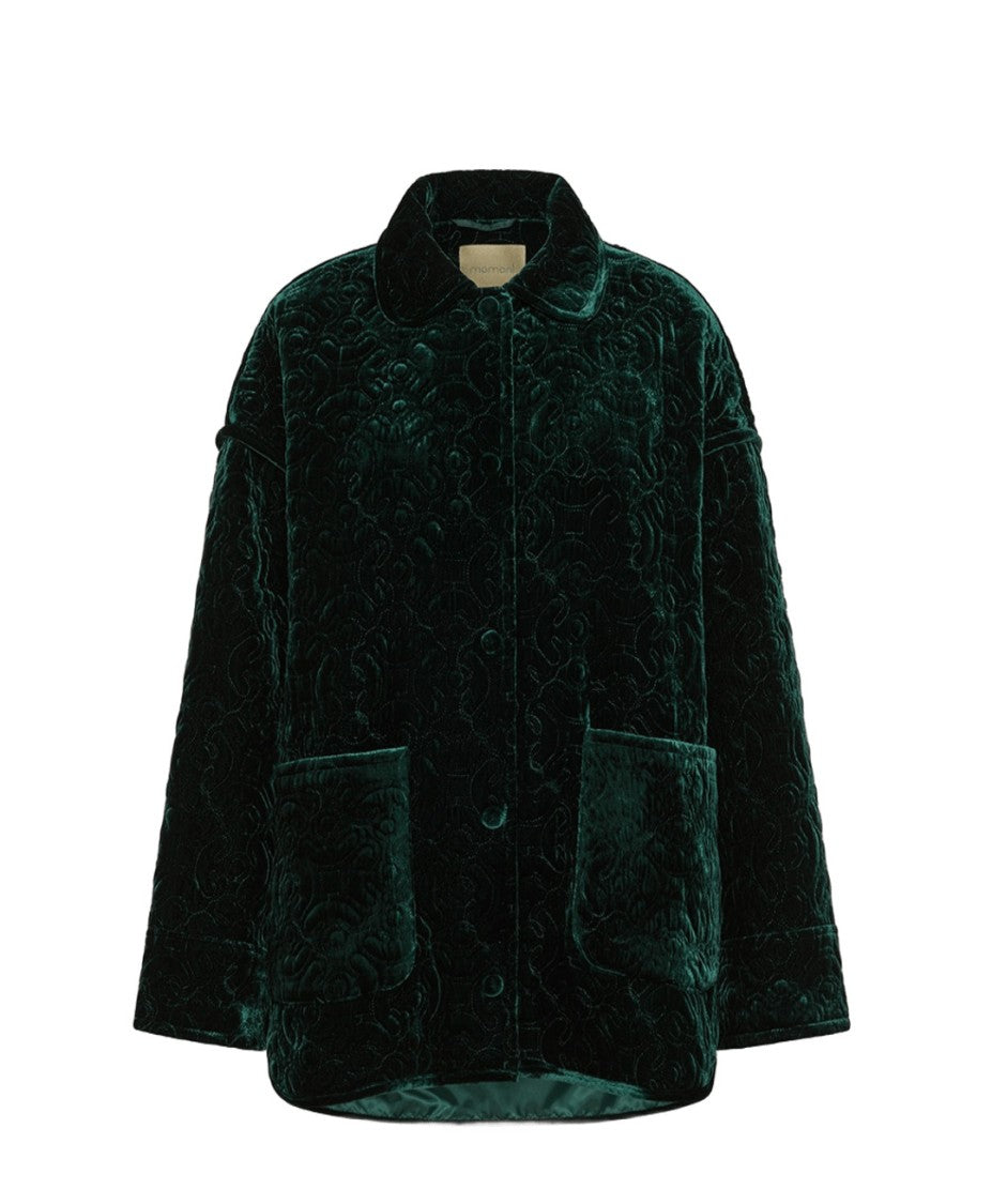 Momonì Embossed Floral Velvet Green Coat With Relaxed Fit